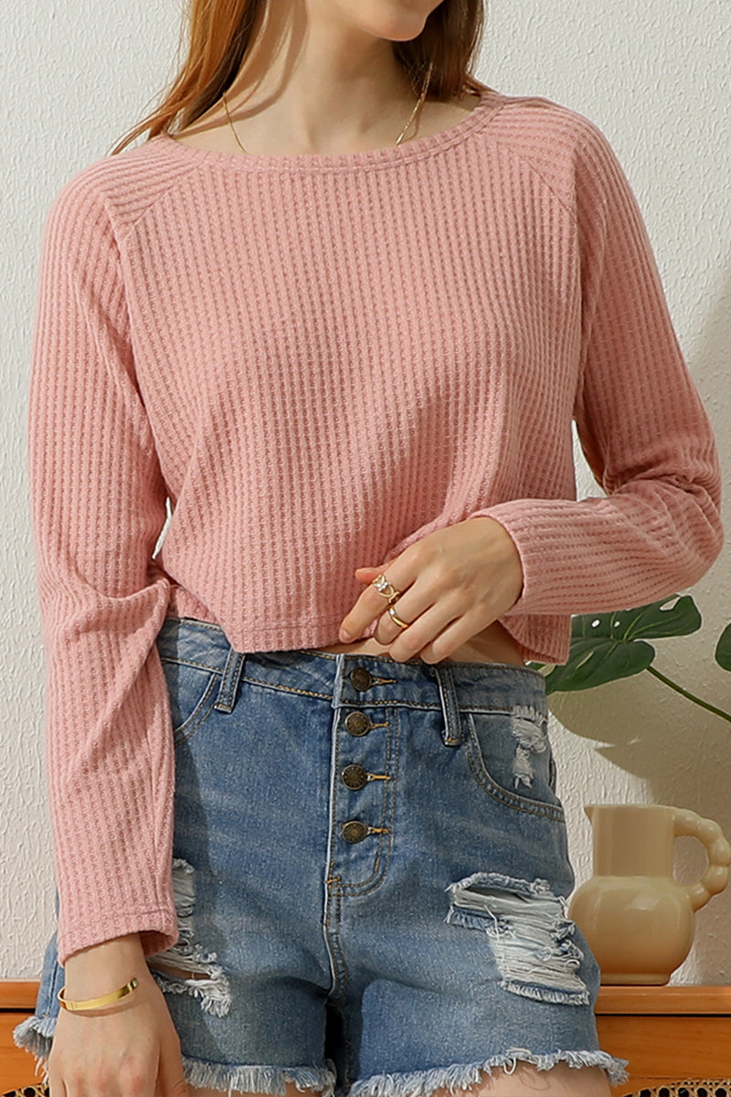 ROUND NECK TUNIC SHORT CROP LONG SLEEVE KNIT TOP