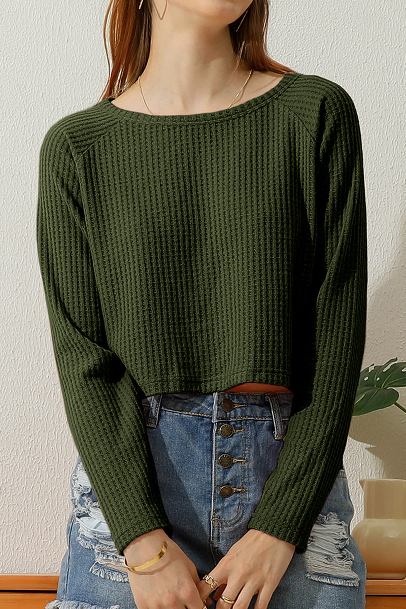 ROUND NECK TUNIC SHORT CROP LONG SLEEVE KNIT TOP