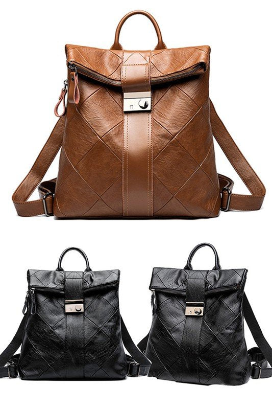 DIAMOND SHAPE QUILTED TRENDY LEATHER BACKPACK