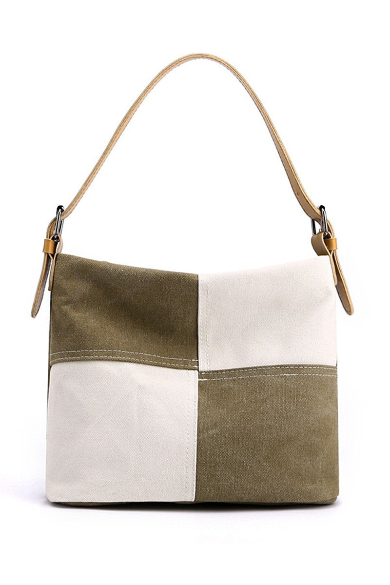 PLAID PATTERN LEATHER SHOULDER STRAP CANVAS BAG