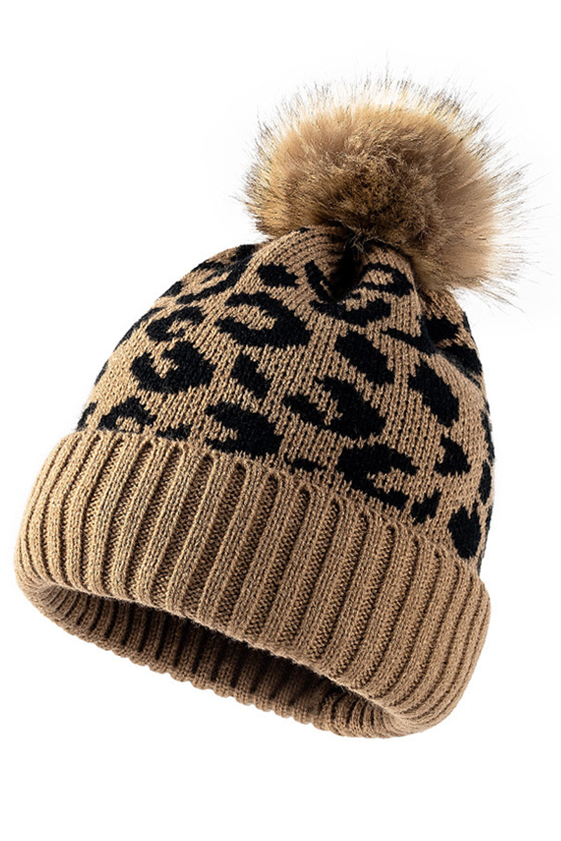 WOMEN LEOPARD-PRINT BEADED WOOL BALL KNITTED HAT