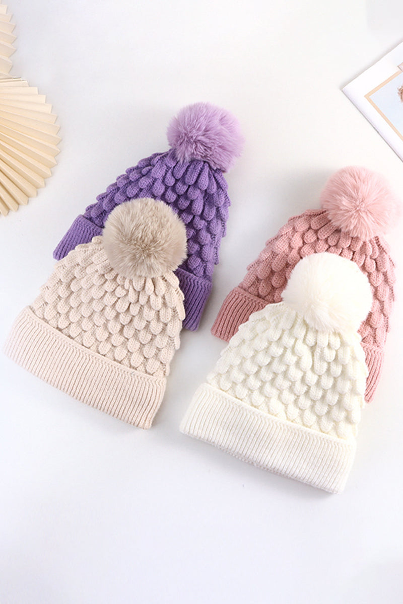 WOMEN SOLID COLOR SIMPLE WOOL BALL KNIT HAT