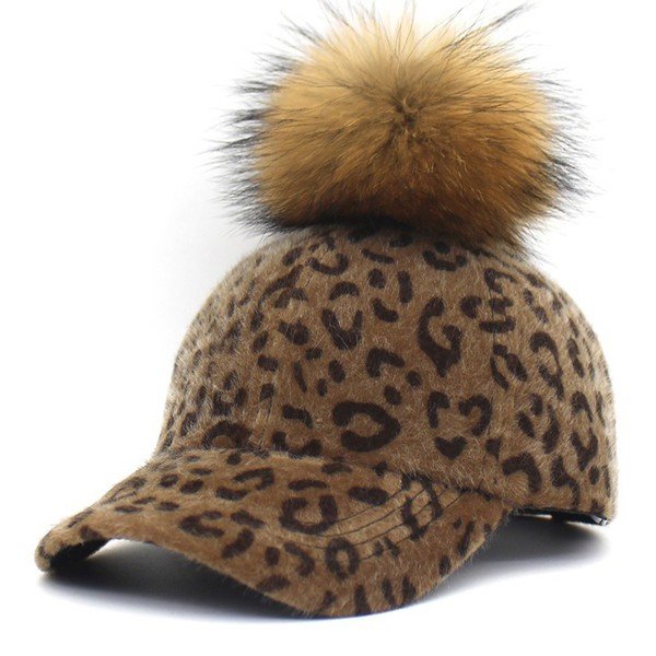 LEOPARD ANIMAL PRINTING FURY WARM POM POM BASEBALL CAP
