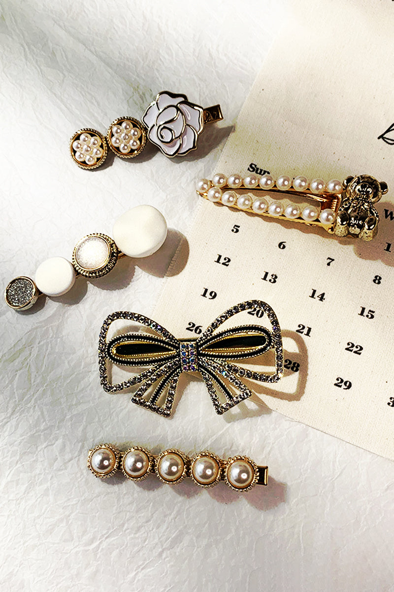 PHINESTONE BOW FAUX PEARL DEARL DECOR HAIR CLIP, 5PCS PER 1 PACK