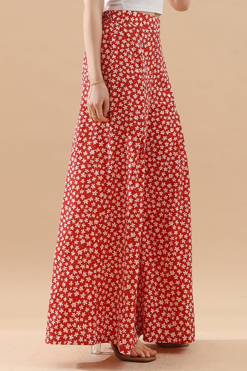 HIGH WAIST FLORAL RUFFLED WIDE PANTS - Doublju