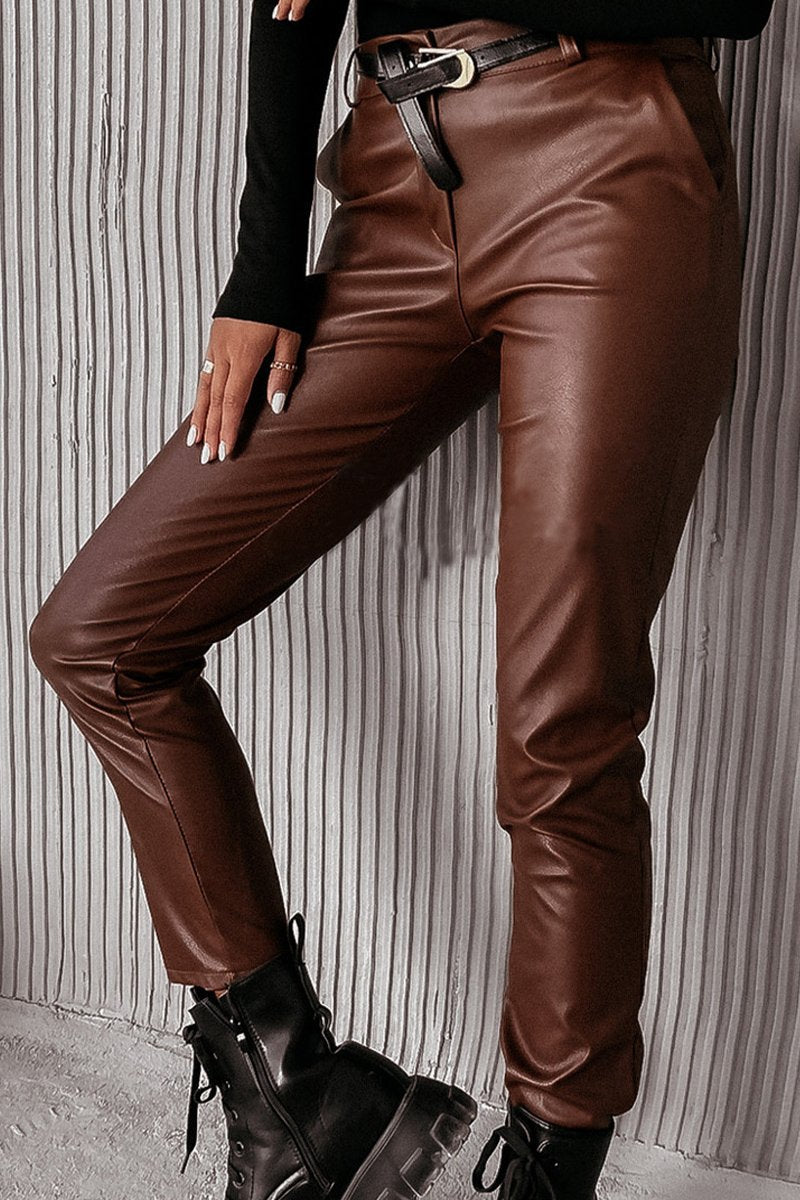 WOMEN SLIM FIT PU LEATHER CASUAL PANTS