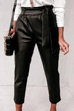 WOMEN BELTED PU LEATHER CAPRI LENGTH CASUAL PANTS