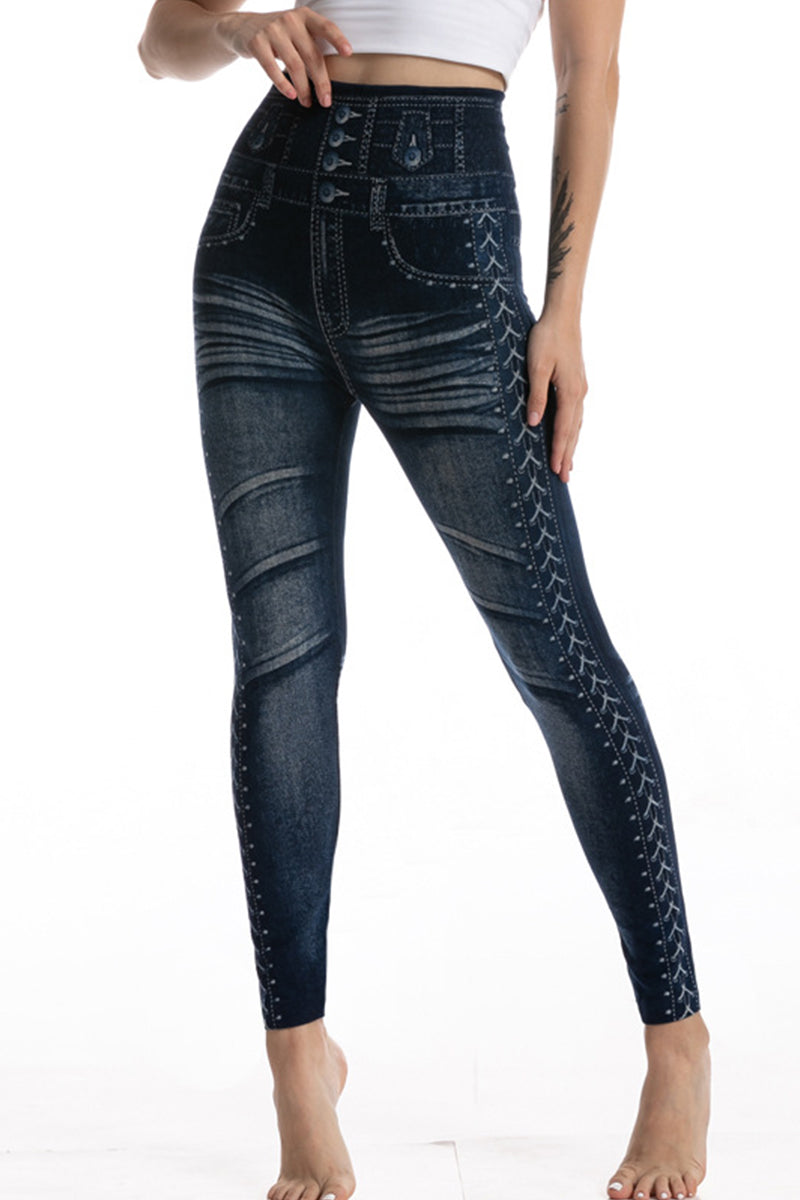 WOMEN'S TIGHTS PANTS TROUSERS FULL LENGTH FAUX DENIM STRETCHY HIGH WAIST FASHION CASUAL WEEKEND