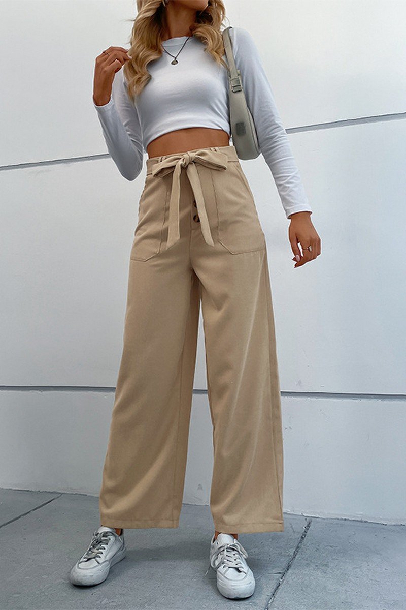 WOMEN STRAIGHT LEG FRONT TIED LONG CASUAL PANTS