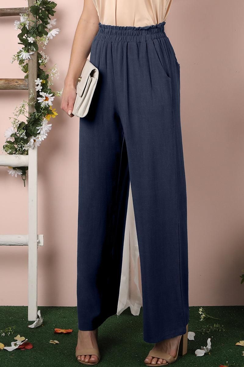 EASY PULL ON COTTON LINEN PANTS WITH SIDE POCKET - Doublju