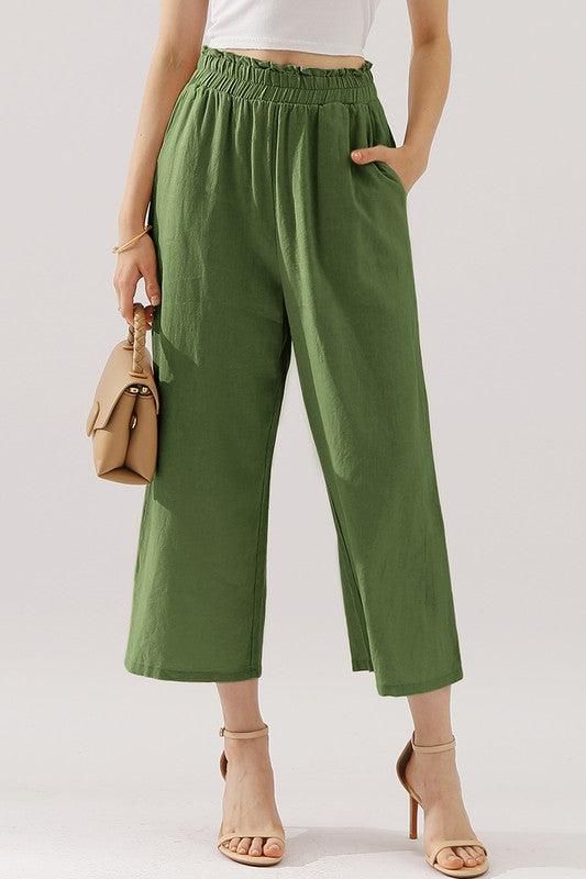 EASY PULL ON LINEN CAPRIS PANTS WITH SIDE POCKET - Doublju
