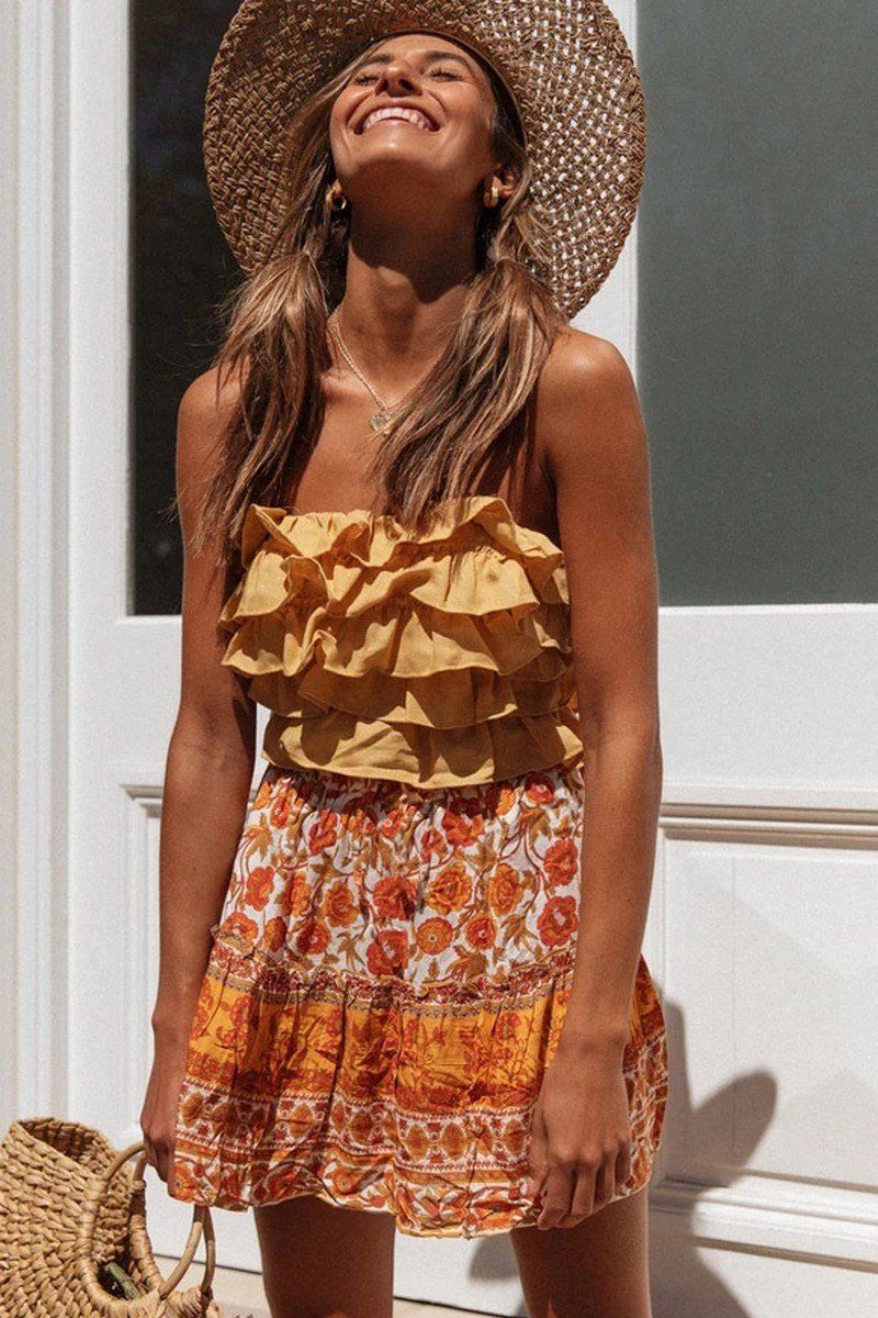WOMEN FLORAL PRINTING RUFFLED BOHO SHORT SKIRT