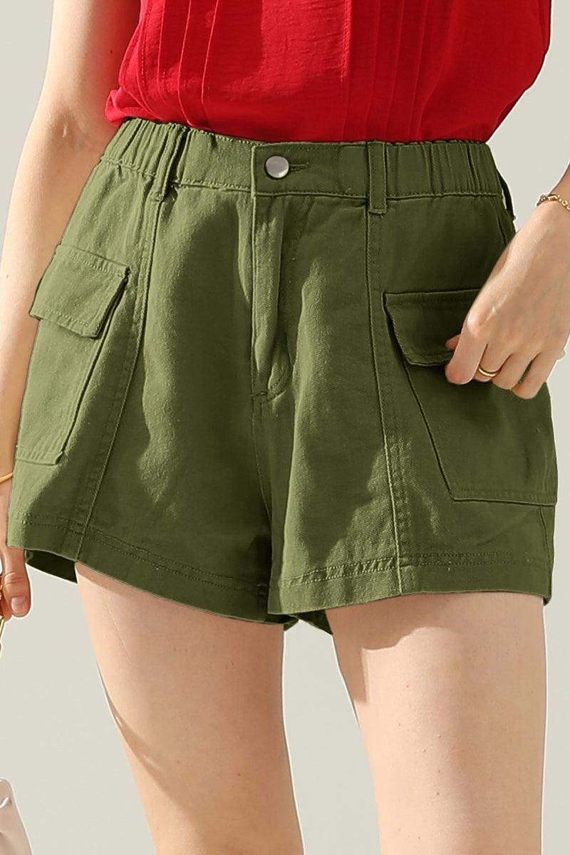 FLAT POCKET ELASTIC WAIST CARGO SHORTS - Doublju