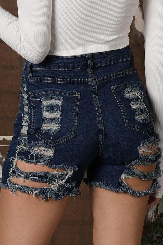 DISTRESSED FRONT AND BACK DETAIL DENIM SEXY SHORT - Doublju