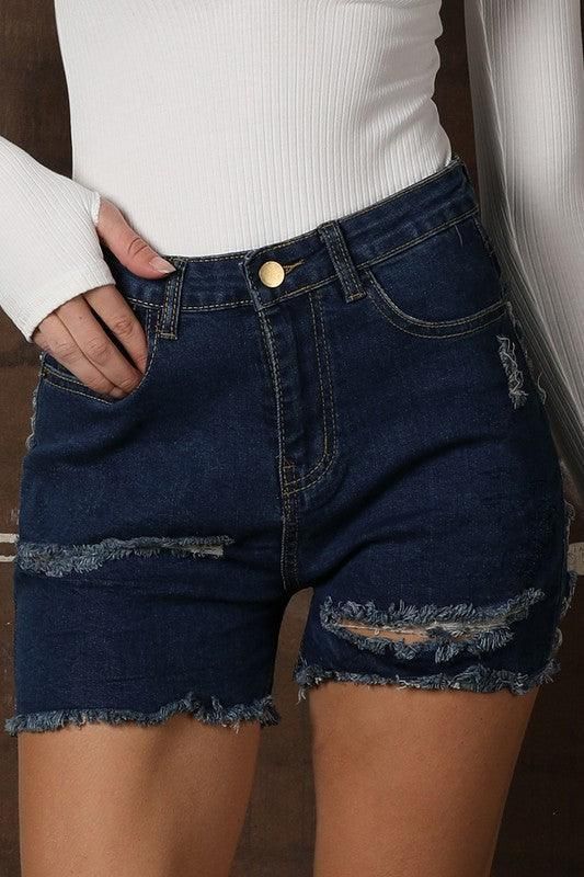 DISTRESSED FRONT AND BACK DETAIL DENIM SEXY SHORT - Doublju