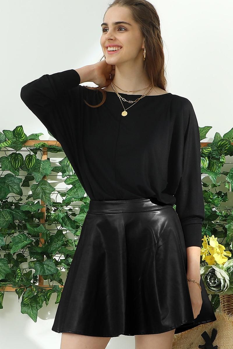 FAUX LEATHER CIRCLE SKIRT WITH BACK ZIPPER - Doublju