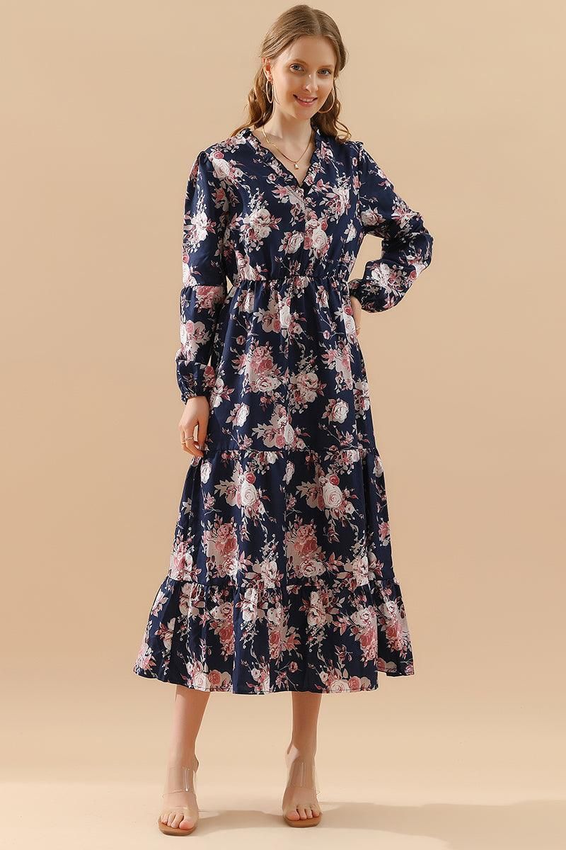 FLORAL PATTERN LONG SLEEVE CASUAL DRESS - Doublju