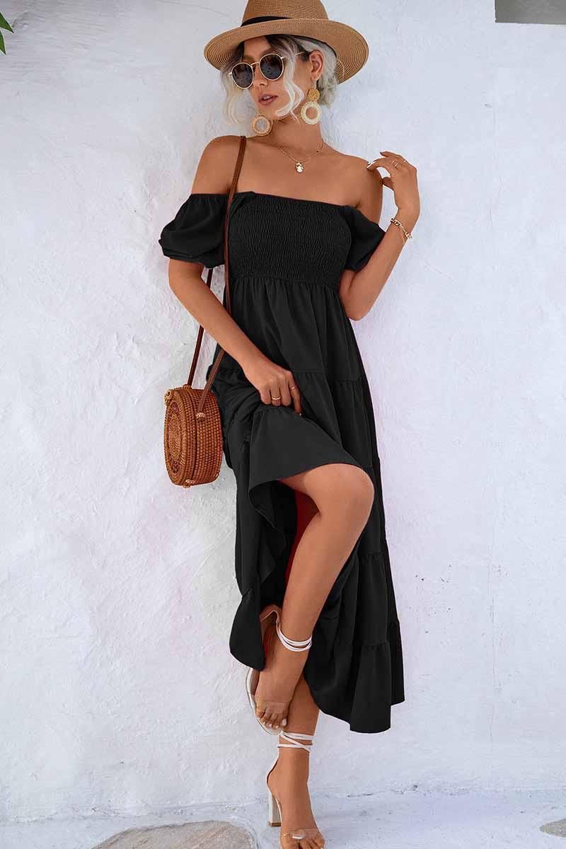 SQUARE NECK PUFF WRINKLE CHEST CAKE MAXI DRESS - Doublju