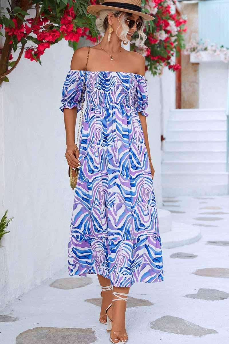 MABLE PATTERN OFF SHOULDER FLARE MAXI DRESS - Doublju