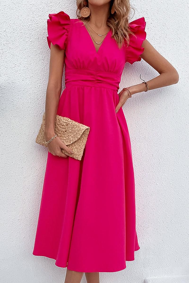 ROSE SHOULDER WRINKLED TIGHTEN WAIST FLARE DRESS - Doublju