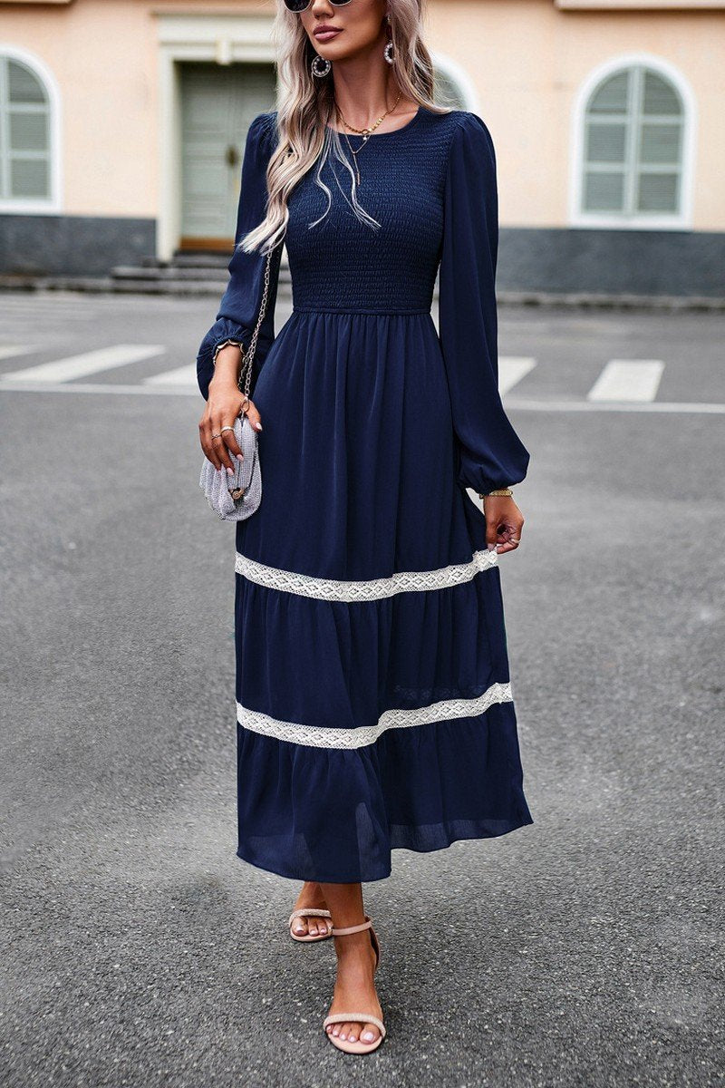 WOMEN LACE TRIM LONG SLEEVE ELEGANT MAXI DRESS