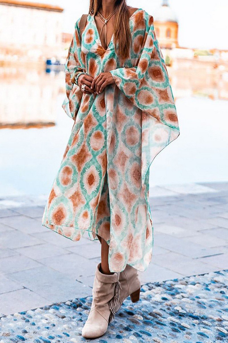 WOMEN BOHEMIAN PARINTING OVERSIZED SHAWL DRESS