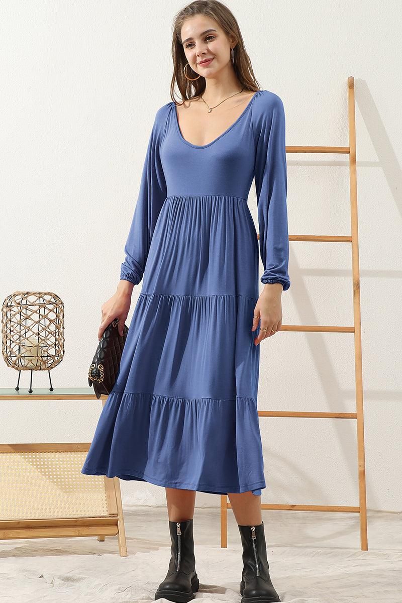 ROUND NECK TIRED CASUAL RUFFLE MAXI SOLID DRESS - Doublju