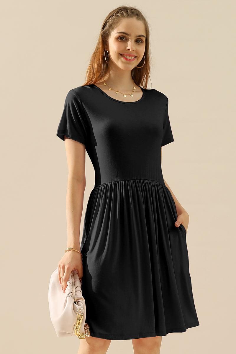 CREWNECK SHIRRED FLOWY SWING SHORT SLEEVE DRESSES - Doublju