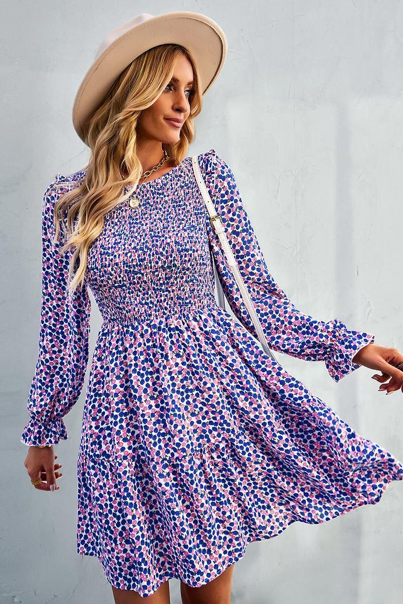 FLORAL PATTERN BASIC DRESS - Doublju