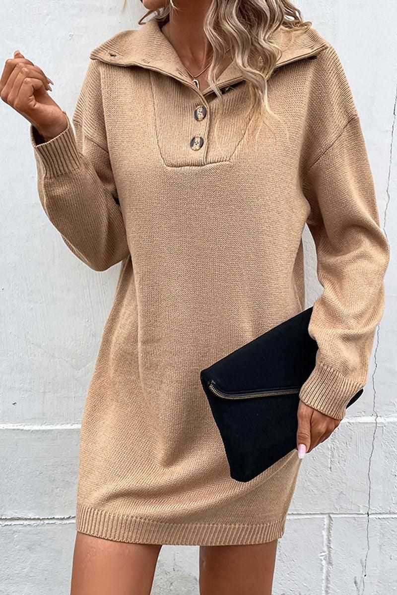 LONG SLEEVED SOLID BUTTON TURTLE NECK DRESS - Doublju