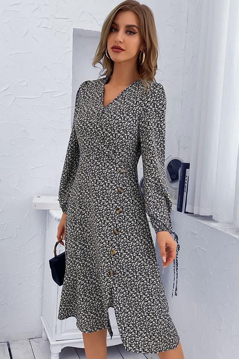 FLORAL PRINTING BUTTONED WRAP STYLE DRESS - Doublju