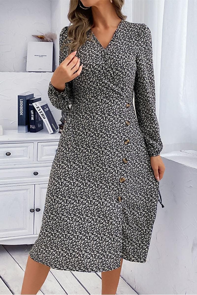 FLORAL PRINTING BUTTONED WRAP STYLE DRESS - Doublju
