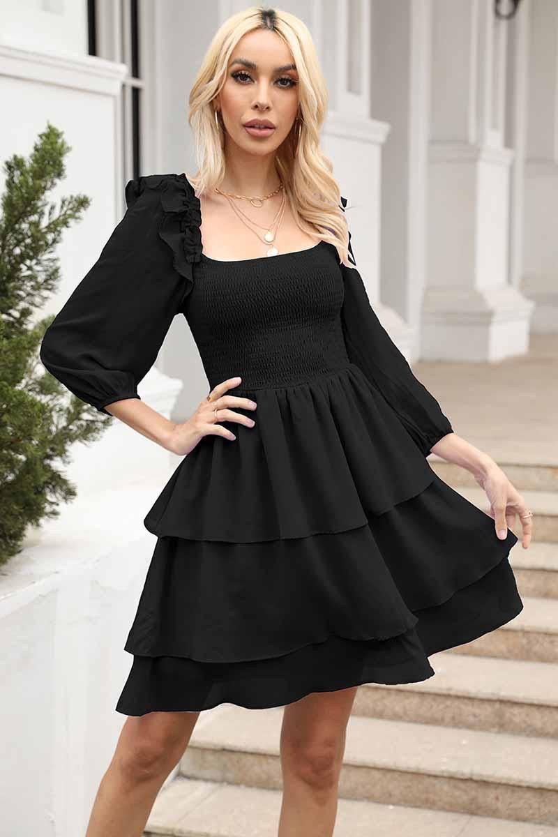 SHORT SQUARE NECK FRILL CAKE DRESS - Doublju