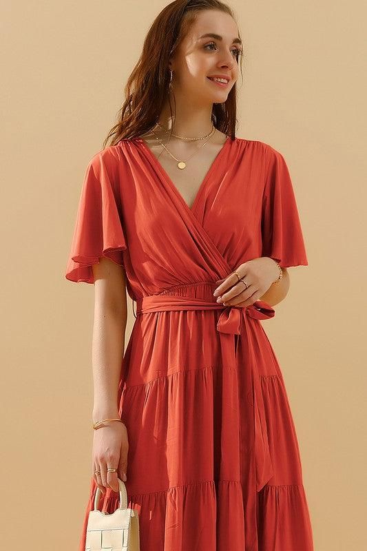 SHORT BELL SLEEVE WAIST TIE WRAP STYLE DRESS - Doublju