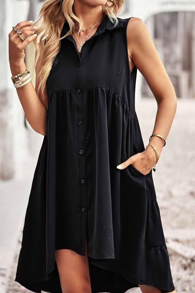 SLEEVELESS BUTTON DOWN SHIRTS DRESS - Doublju