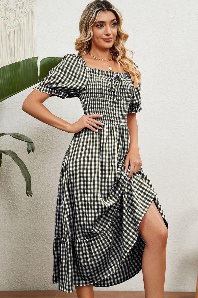 SQUARE NECK WRINKLED PUFF PLAID PICNIC DRESS - Doublju