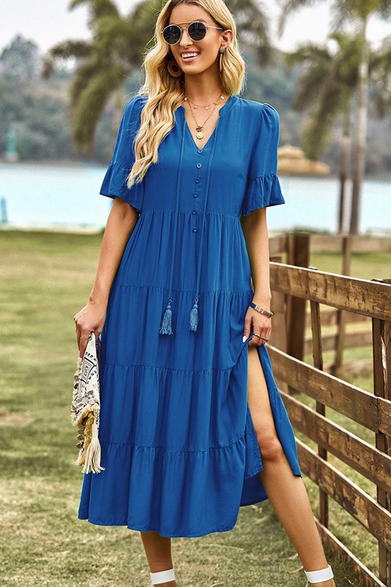 STRING RUFFLED SHORT SLEEVE FLARE CAKE SLIT DRESS - Doublju