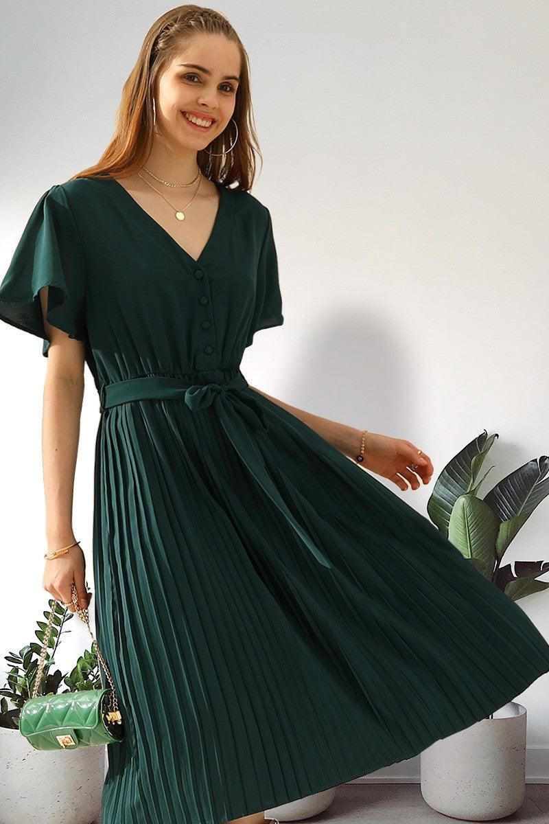 V NECK BUTTONED PLEATED DRESS - Doublju