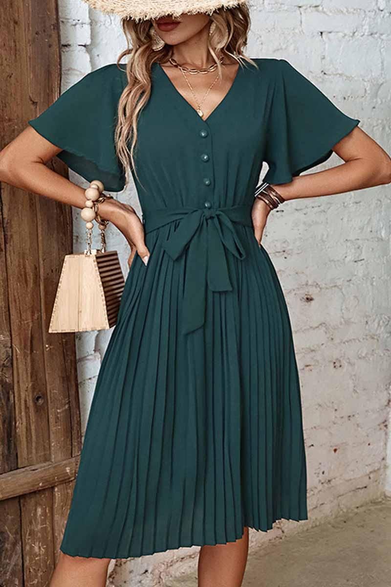 V NECK BUTTONED PLEATED DRESS - Doublju