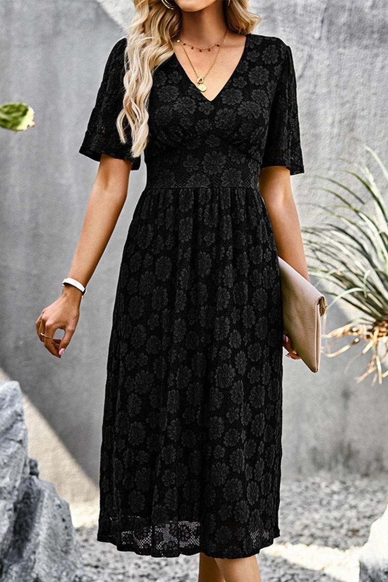 V NECK EMBROIDERY SLIM WAIST DRESS - Doublju