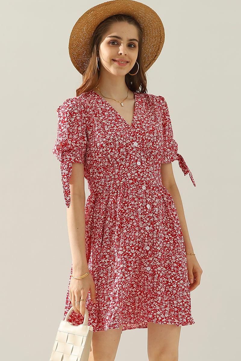 FLORAL TIED SLEEVE BUTTON UP SLIM SHORT DRESS - Doublju