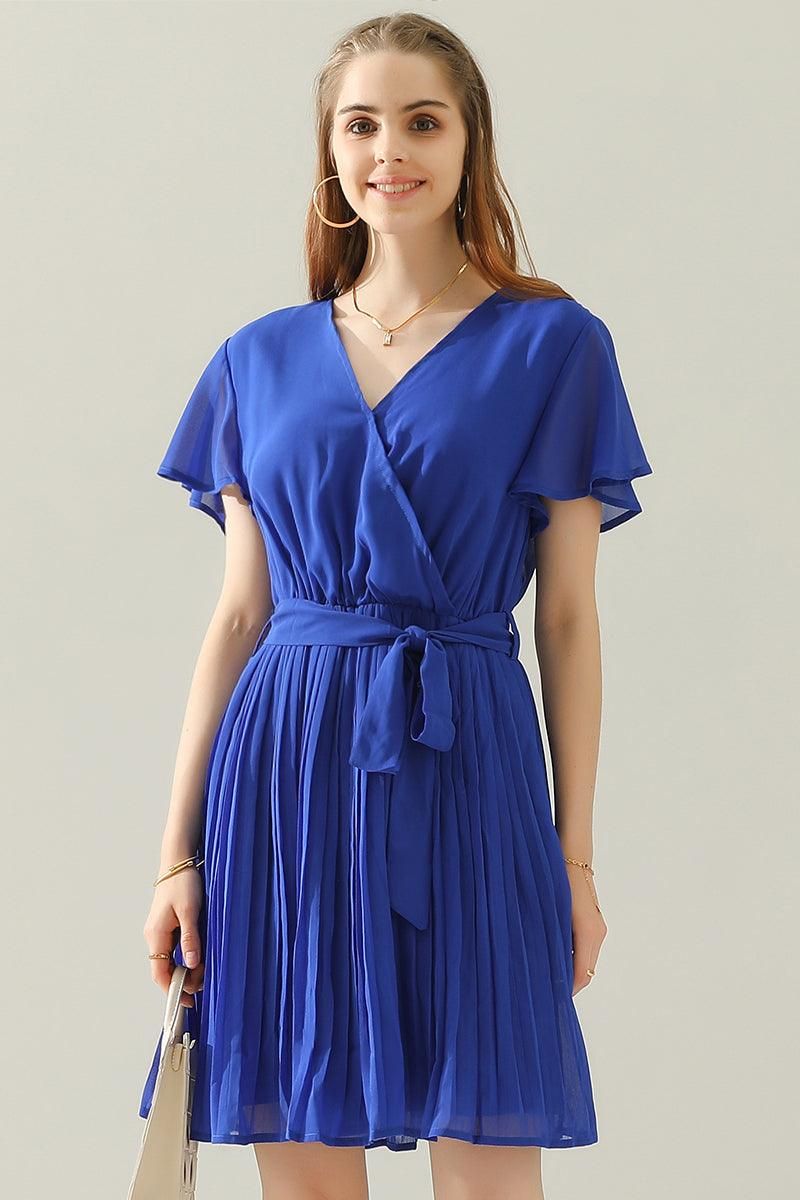 TIED WAIST PLATED V NECK CHIFFON DRESS - Doublju