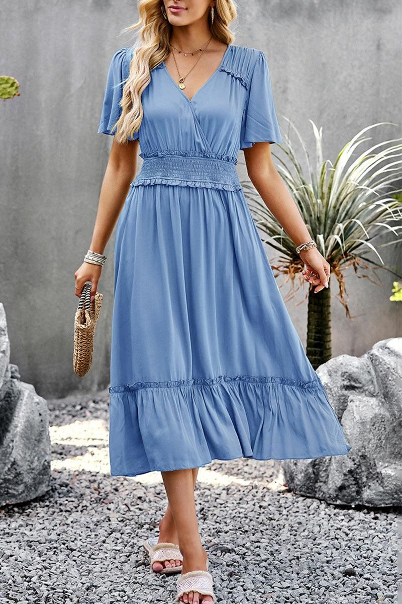 WIDE SLEEVE TIGHTEN WAIST SLIT RUFFLED DRESS - Doublju