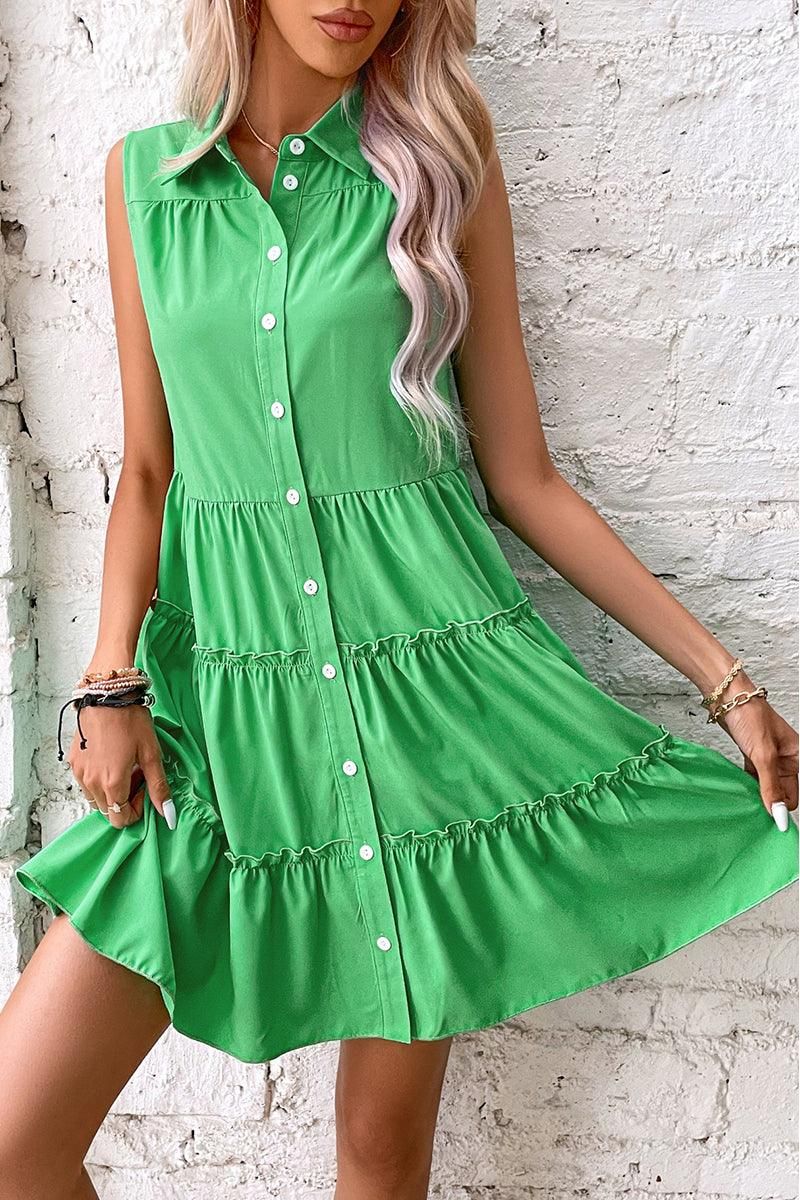 WRINKLED SLEEVELESS BUTTON UP COLLAR DRESS - Doublju