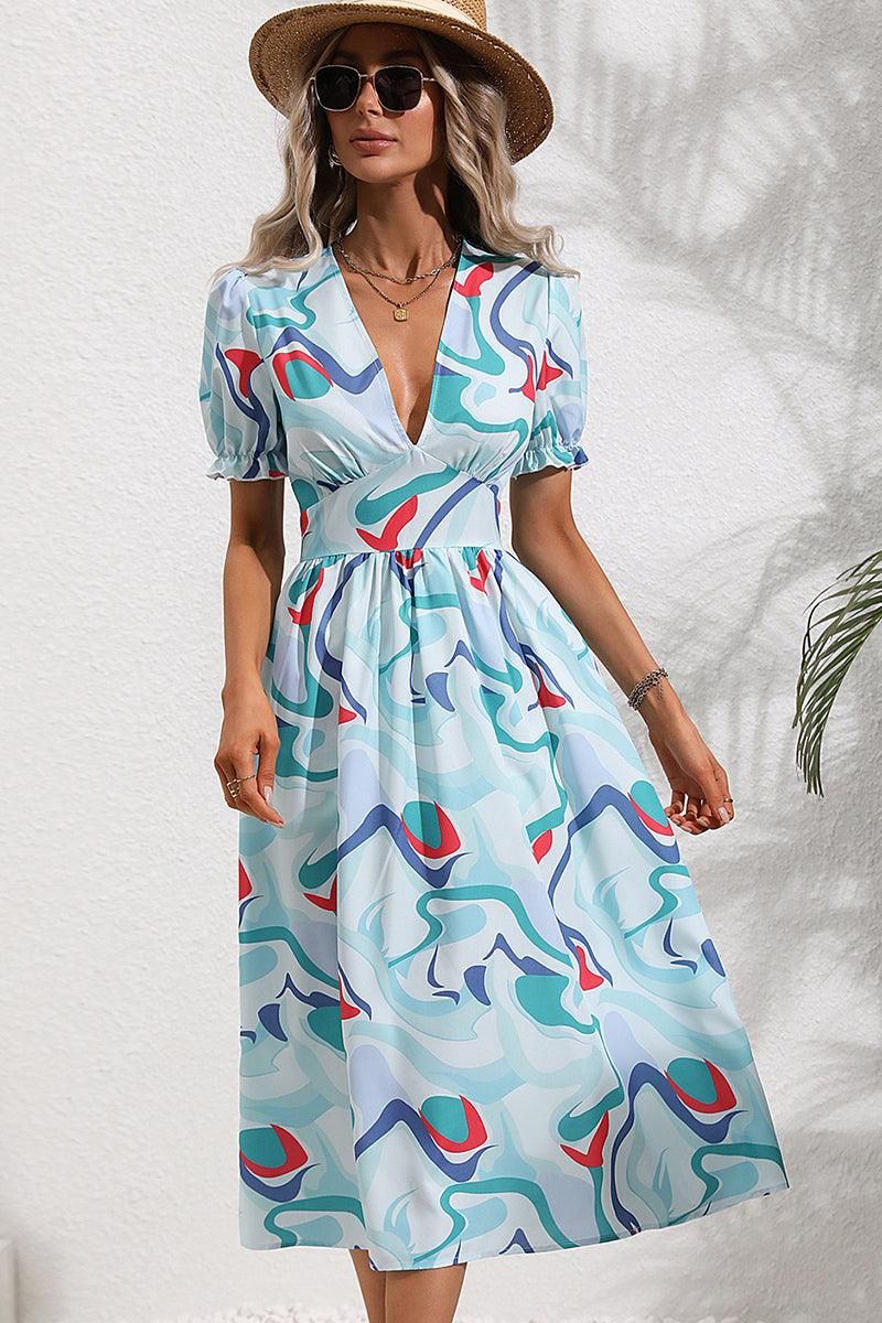 COLOR WAVE PAINTING DEEP V NECK PUFF DRESS - Doublju