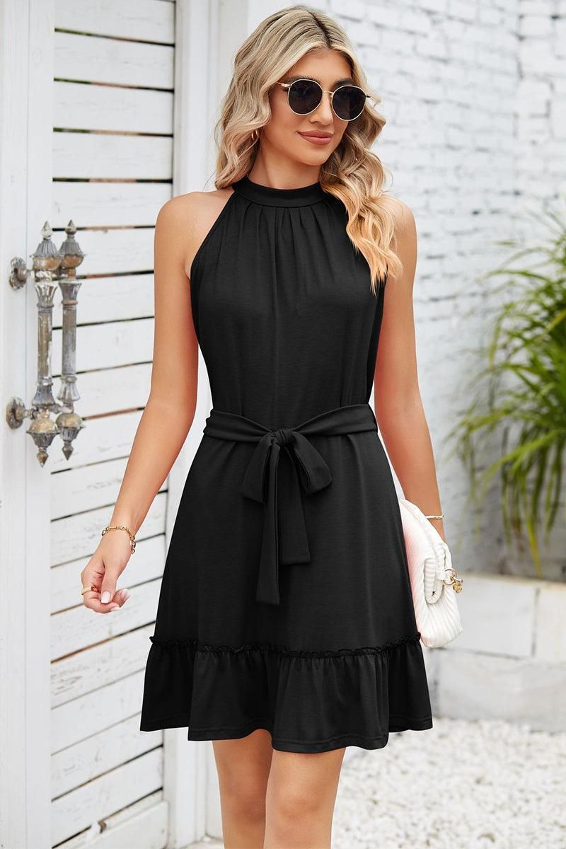 SOLID COLOR RUFFLED HALTER DRESS - Doublju