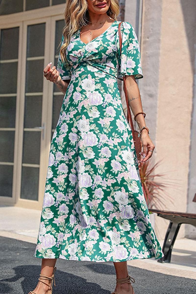 WOMEN HIGH EMPIRE WAIST FLORAL MAXI DRESS - Doublju