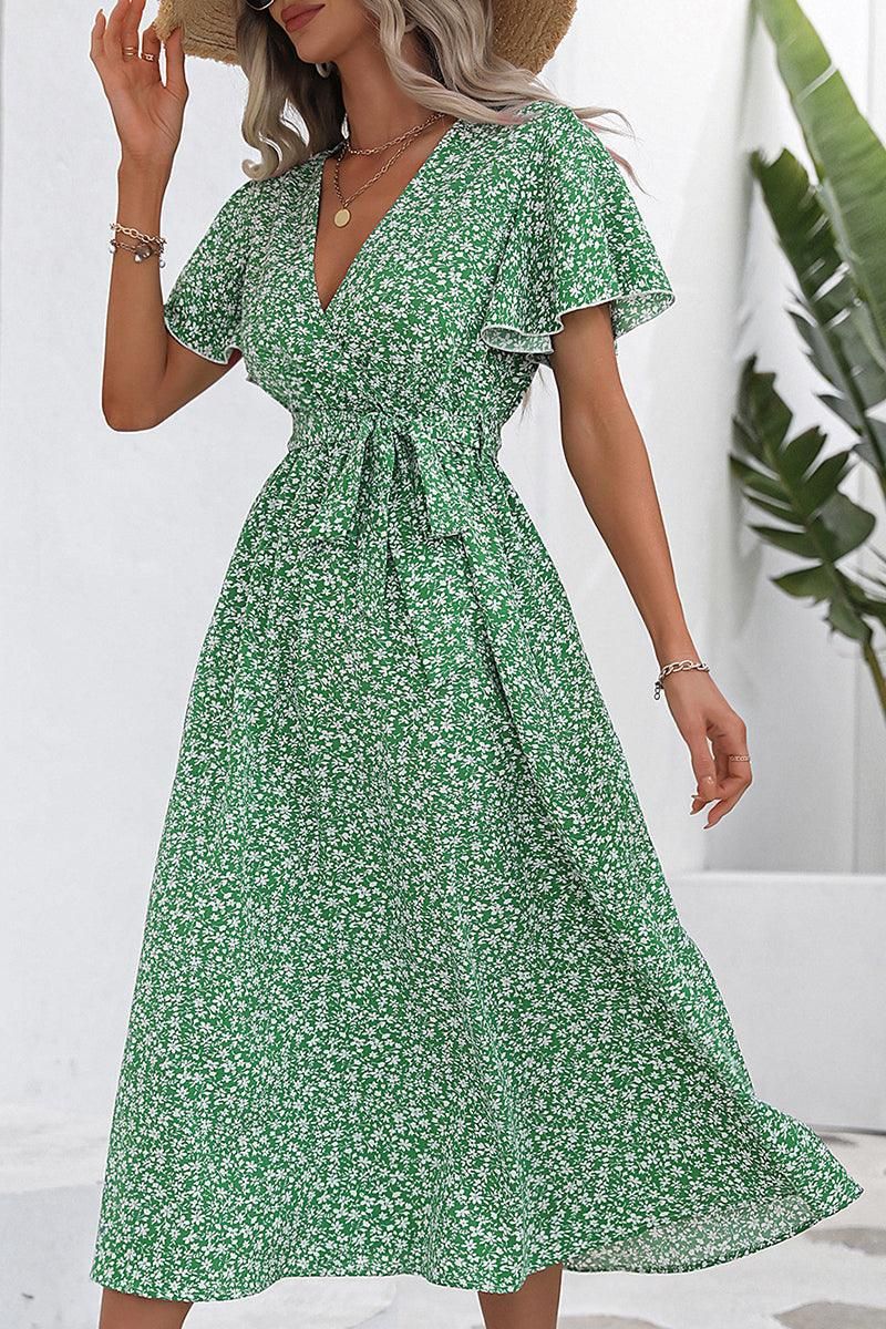 WOMEN RUFFLED SLEEVE HIGH WAIST SWING DRESS - Doublju