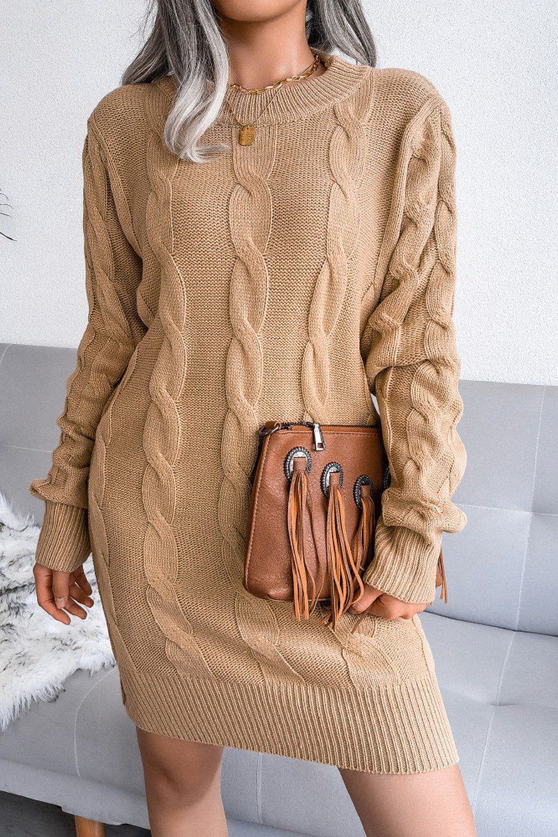 WOMEN TWIST CABLE KNIT RIBBED KNIT MID DRESS