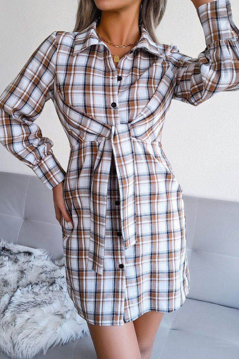 WOMEN PLAID PATTERN FRONT TIED SHIRT DRESS